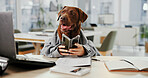 Animal, dog and office with phone at desk while thinking, online and idea for meme. Labrador, pet friendly workplace and technology with internet communication for comic or funny work environment