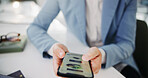 Business person, phone screen and hands for food order at work with choice or option. Lunch break, technology and website for delivery app, ux and restaurant menu with hungry employee in office