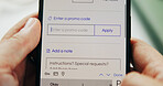 Phone screen, ecommerce and hands of person for retail, sale or store discount with promo code. Smartphone, app and customer with online shopping choice, order or delivery application with payment