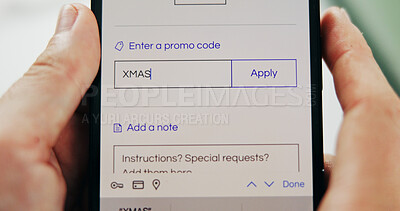 Buy stock photo Phone screen, promo code and hands of person for xmas, sale or store discount with ecommerce. Smartphone, app and customer with online shopping choice, order or delivery application with payment