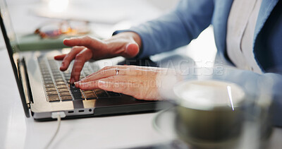 Buy stock photo Laptop, hands and business woman typing in office for email, feedback or writing report online. Technology, computer and networking with person for lead generation, article review or research