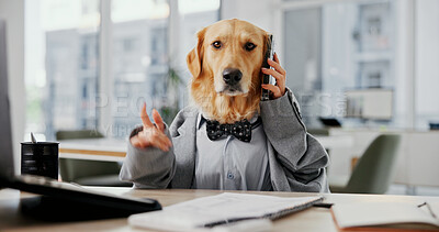 Buy stock photo Phone call, portrait and consultant with business dog in office for pet insurance agent, health premium and advisor. Veterinary claims manager, contact and animal policy with golden retriever