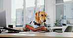 Business, dog and notebook at desk in office for finance protection, pet insurance notes and planning schedule. Financial advisor, animal and thinking at workplace for agenda calendar and inspiration