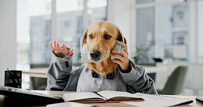 Buy stock photo Office, animal and dog with headphones for humor, mimic dancing and companion with music on break. Business, puppy and golden retriever in pet agency with audio track, sound and cosplay with employee