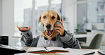 Business, animal and dog with headphones for humor, mimic dancing and companion in portrait on break. Office, puppy and golden retriever in pet agency with audio track, sound and cosplay with music