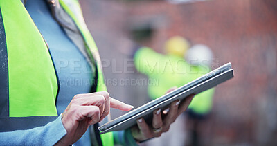 Buy stock photo Hand, construction and woman on tablet at site for inspection, progress report and expansion safety. Architect, digital and compliance check with information, project management and quality assurance