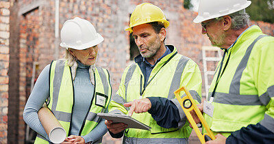 Buy stock photo Discussion, tablet and construction team on site for building, maintenance or repairs. Meeting, digital technology and group of civil engineers with contractor for renovation or property development.