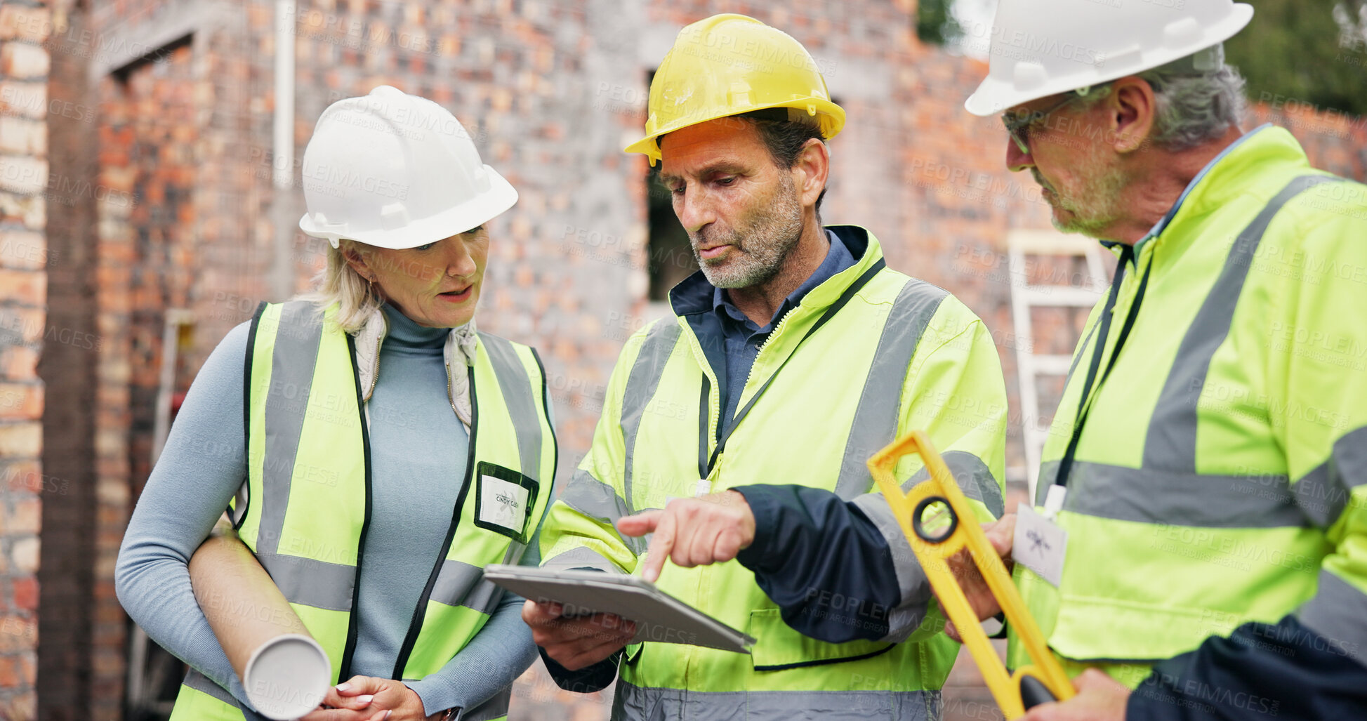 Buy stock photo Discussion, tablet and construction team on site for building, maintenance or repairs. Meeting, digital technology and group of civil engineers with contractor for renovation or property development.