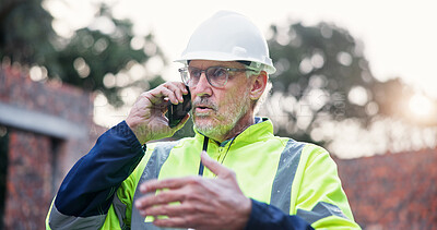 Buy stock photo Man, architect and explain with phone call for construction update, planning and feedback on project. Mature person, mobile and talking for urban development, maintenance progress and industrial chat