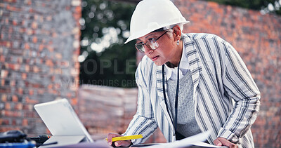 Buy stock photo Construction site, woman and tablet for planning, blueprint and idea for property development. Mature person, tech and contractor on worksite for project management, engineer and architect design