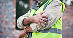 Hands, person and elbow pain with construction injury, work site accident or sprain with agony outdoor. Joint ache, contractor with arm muscle tension or pressure, inflammation or fibromyalgia