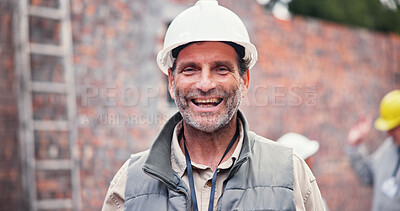 Buy stock photo Construction, happy and portrait of man in city for inspection, building and maintenance. Civil engineering, architecture and mature person smile in hard hat for infrastructure and renovation project