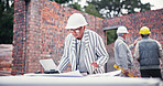 Construction site, woman and tablet for floor plan, blueprint and idea for property development. Mature person, tech and contractor on worksite for project management, engineer and architect design