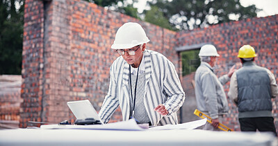 Buy stock photo Construction site, woman and tablet for floor plan, blueprint and idea for property development. Mature person, tech and contractor on worksite for project management, engineer and architect design
