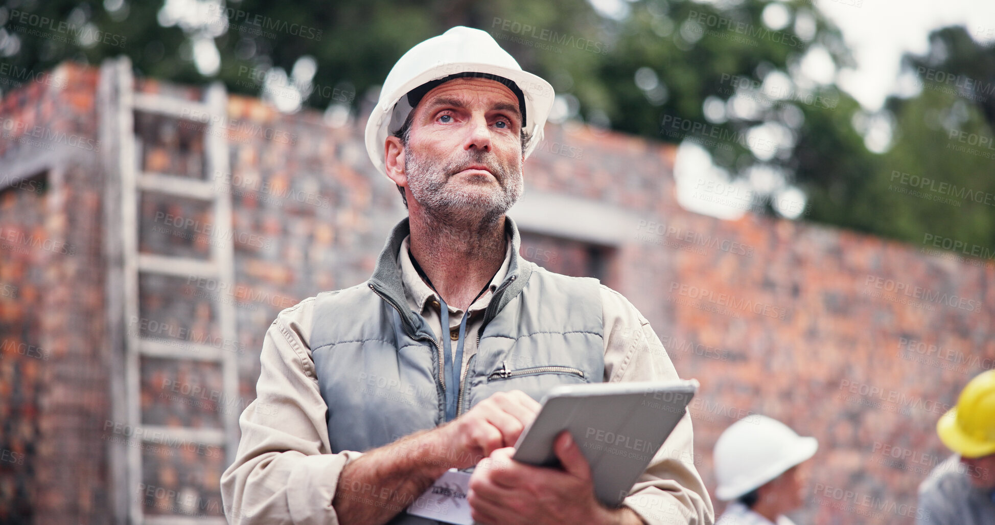 Buy stock photo Construction site, man and foreman with tablet, engineering and checklist with inspection. Mature person, architecture and employee with hard hat, tech and thinking with digital app or real estate