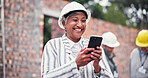 Construction site, smile and woman with smartphone, internet or communication with real estate. Mature person, employee or consultant with cellphone, mobile user or building development with property