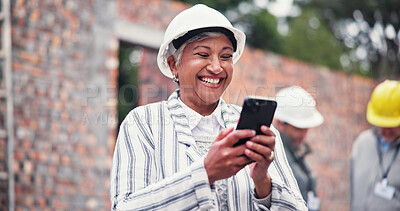 Buy stock photo Construction site, smile and woman with smartphone, internet or communication with real estate. Mature person, employee or consultant with cellphone, mobile user or building development with property