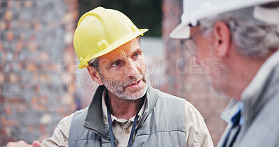 Buy stock photo Men, team and meeting on construction site for planning, property development and discussion. Male engineer, safety and mature people at building worksite to explain design for project management