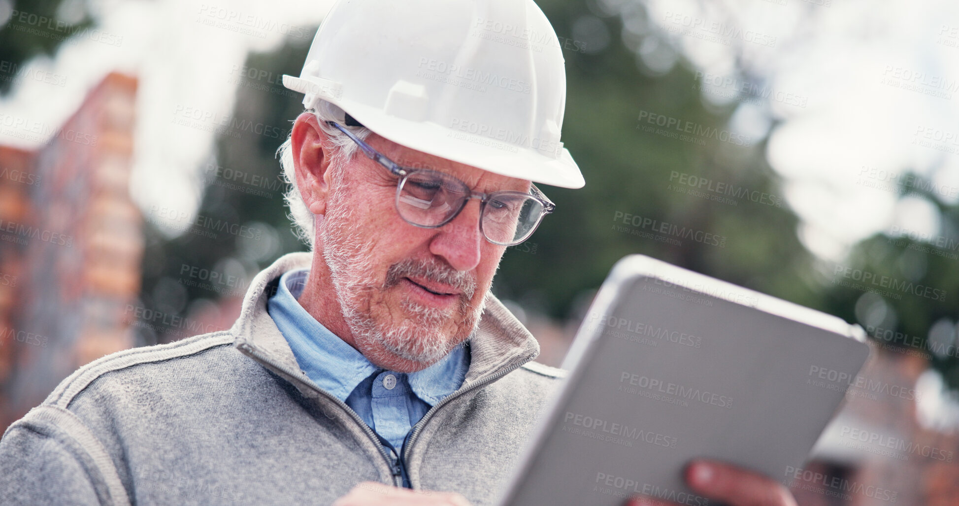 Buy stock photo Construction, tablet and mature man in city for inspection, building and maintenance checklist. Civil engineering, architecture and person on digital tech for project, infrastructure and research