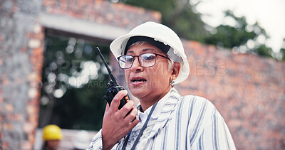 Buy stock photo Woman, engineer and talk with radio of construction inspection, safety feedback and property development. Mature person, tech and planning with discussion, building update and chat for infrastructure