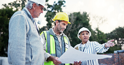 Buy stock photo Business people, civil engineer or meeting with blueprint for construction plan at site. Group, employees or contractors with floor layout or documents for industrial development or building project