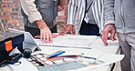 Construction site, people and documents for floor plan, blueprint and idea for property development. Team, technology and contractor on worksite for project management, engineer and architect design