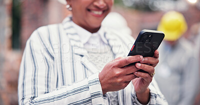 Buy stock photo Construction site, hands and woman with smartphone, internet or communication with real estate. Mature person, engineering or employee with cellphone, closeup or building development with property