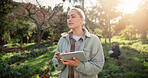 Farm, tablet and environment with woman in nature for ecology, plant field research or crop yield forecast. Sustainability, growth or agriculture with person in countryside for soil ph sensor