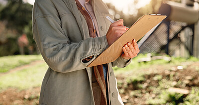 Buy stock photo Writing, checklist and hands of person on farm for nutrition guideline, sustainability specialist and gmo crop. Growth, agriculture and soil ph level with farmer in countryside for food quality check