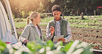 Farming, tablet and delivery with people and truck for vegetable checklist, crops supply chain and inspection. Logistics, agriculture and harvest with farmers in countryside for sustainability