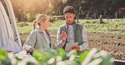 Buy stock photo Farming, tablet and delivery with people and truck for vegetable checklist, crops supply chain and inspection. Logistics, agriculture and harvest with farmers in countryside for sustainability