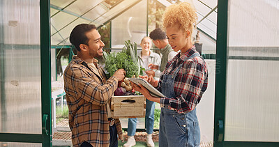 Buy stock photo Vegetables, greenhouse and tablet with people on farm for food quality checklist, crops and agriculture. Sustainability, gardening yield and plant inspection with farmers for growth, and harvest