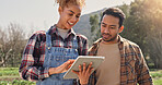 Farmer, tablet or team on farm for growth, development or quality assurance for sustainable business. Woman, man or technology in countryside for inspection, planning or checklist for agriculture