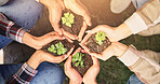 Above, hands and plants with people for growth, sustainability and eco friendly for earth day. Closeup, farmers and teamwork with green leaves for support, accountability or organic farming in nature