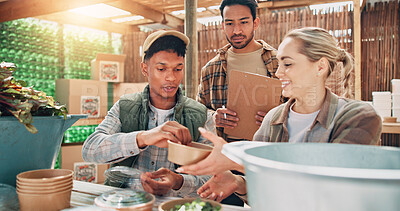 Buy stock photo Business, agriculture and people packing vegetables for supply chain, inventory management and stock control. Sustainability, teamwork and fresh produce for food distribution and package checklist