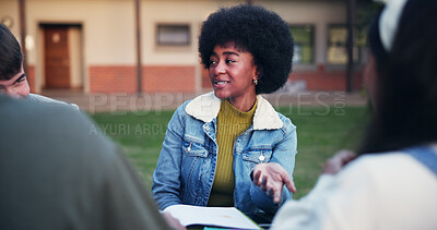 Buy stock photo Girl, students and talking with book at high school for study group, test discussion or share learning tips. Friends, outdoor or happy with conversation at campus for education or planning assignment