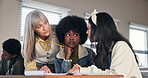 Books, teacher and helping students in high school with lesson question, learning solution or assignment assistance. Educator, people and discussion for peer assessment or test knowledge in classroom