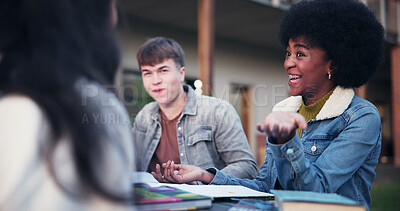 Buy stock photo People, outdoor and students with conversation, smile and relax with break. Group, man and women with discussion, funny story and laughing with feedback, happiness and talking with joy and studying