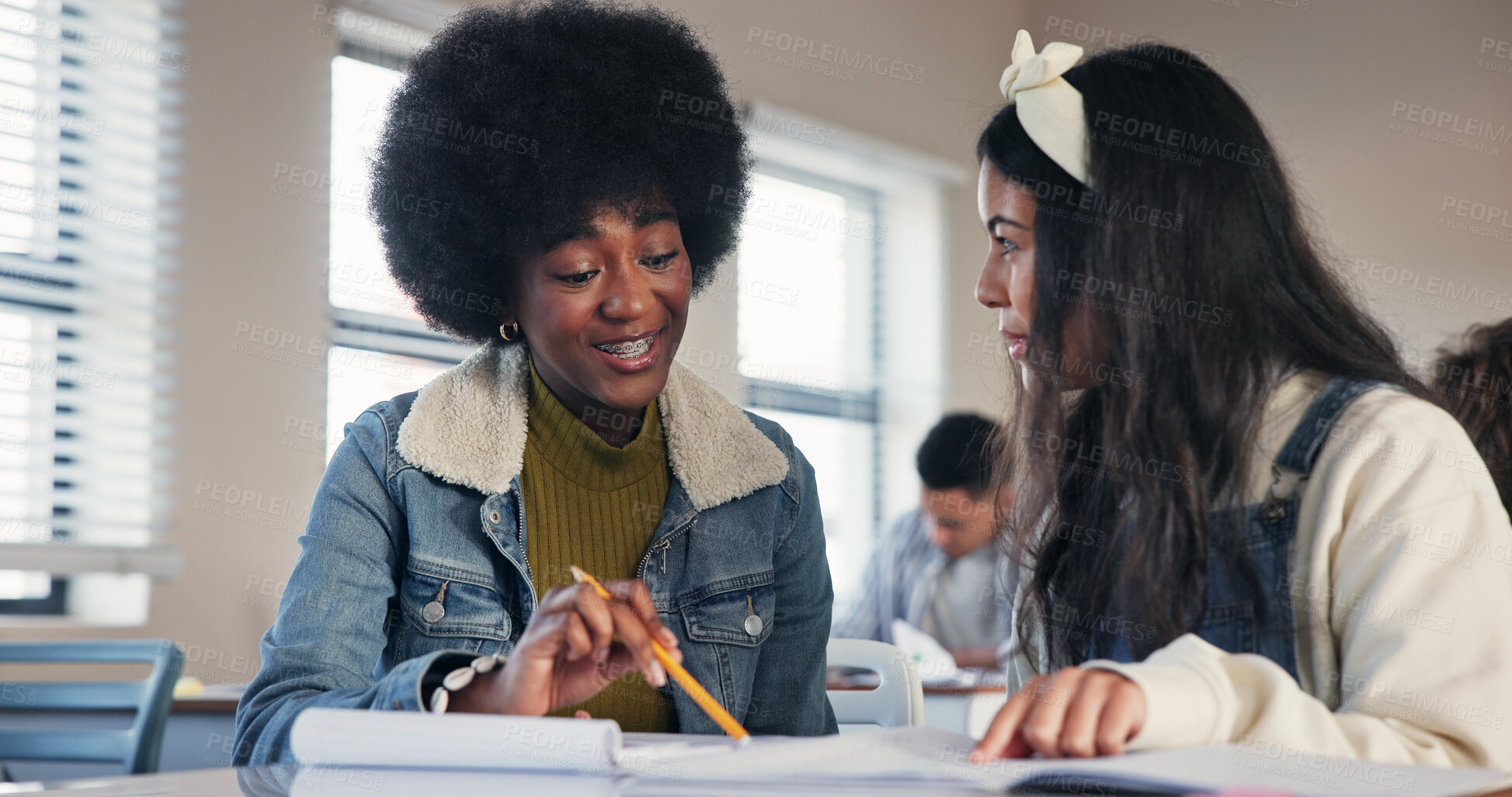 Buy stock photo Education, help and test with people in classroom for high school academy, future and scholarship. Entrance exams, studying and learning assessment with students on campus for knowledge and tutor