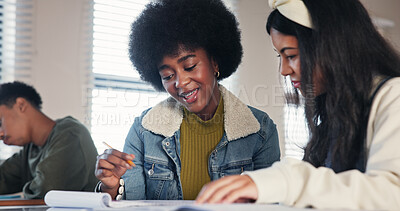 Buy stock photo Study, tutor and help with students in classroom for high school academy, future and scholarship. Entrance exams, learning and education assessment with people on campus for knowledge and solution