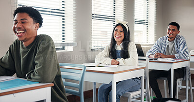 Buy stock photo School, happy and people in classroom listening for education, lesson and learning. University, academy and men and women laugh at desk in lecture for knowledge, assignment and studying at college