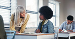 School, college and teacher with student help for assessment, assignment and explain test question. University, academy and educator with girl for learning, teaching and education in classroom
