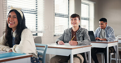 Buy stock photo School, college and people in classroom listening for education, lesson and learning. Campus, academy and happy men and women at desk in lecture for knowledge, assignment and studying at university