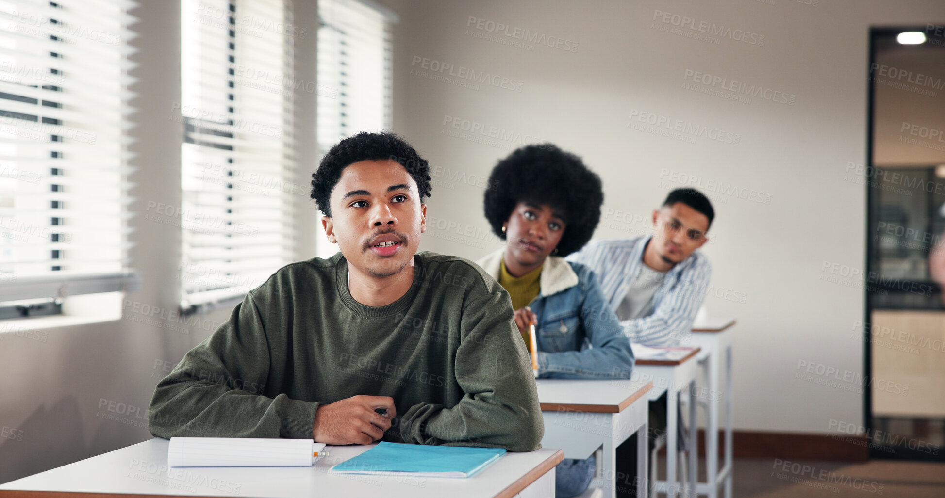 Buy stock photo Education, lesson and learning with teenager in classroom for high school academy, future and scholarship. Entrance exams, studying and project assessment with people on campus for knowledge