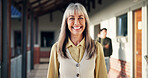 Outdoor, woman and portrait of teacher at school for career in education, confidence and smile. Professional, job and happy mature female educator with knowledge for teaching in classroom at academy.