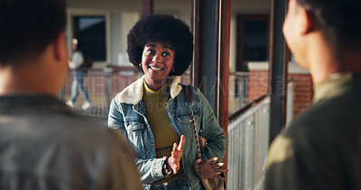 Buy stock photo Friends, girl and talking in hallway at high school for learning break, campus gossip and education support. Teenager, gen z people and happy with conversation outdoor for scholarship and study tips