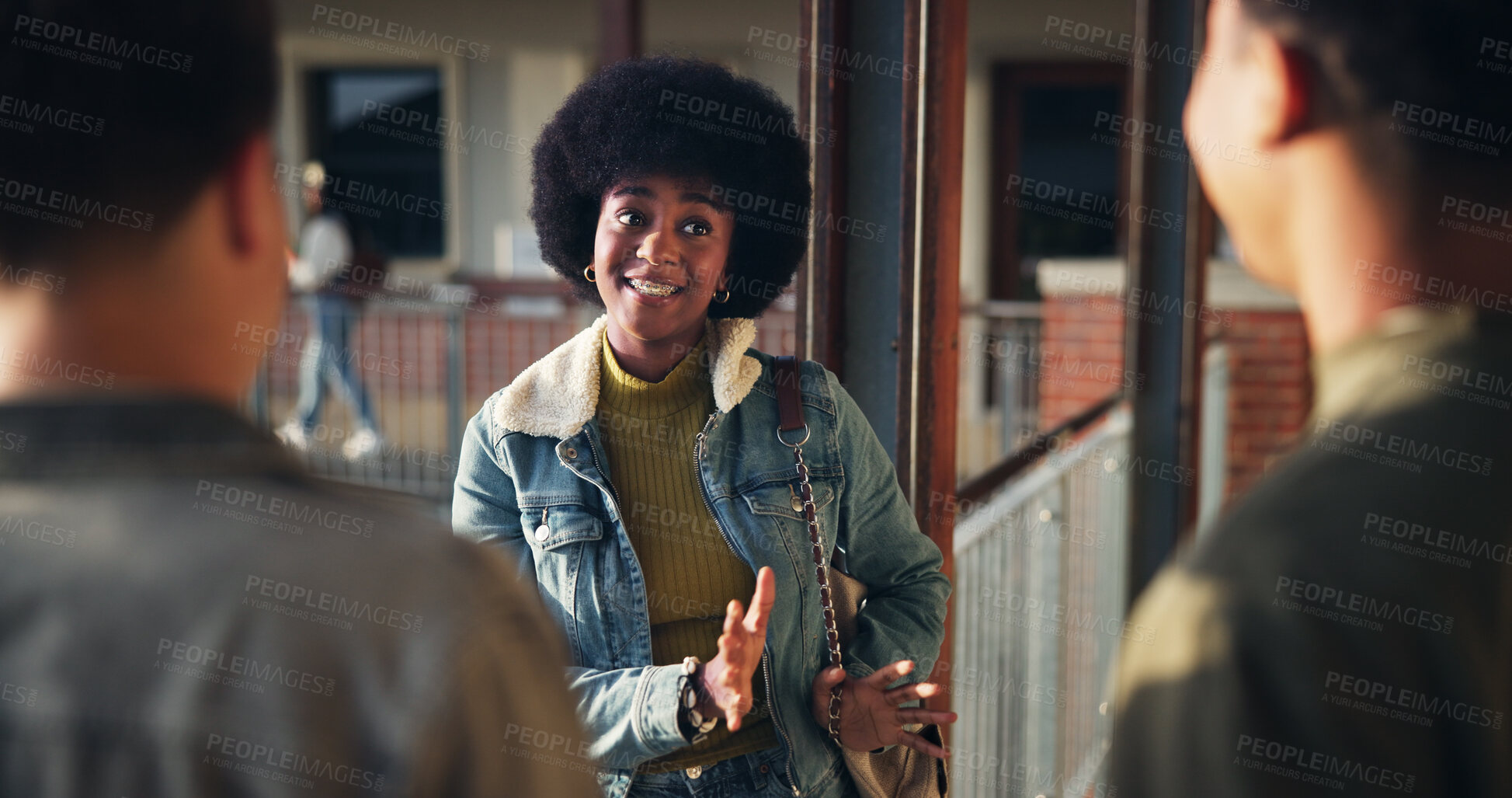 Buy stock photo Friends, girl and talking in hallway at high school for learning break, campus gossip and education support. Teenager, gen z people and happy with conversation outdoor for scholarship and study tips
