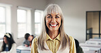 Happy, woman and portrait of teacher at school for career in education, confidence and smile. Professional, job and mature female educator with knowledge for teaching in classroom at academy.