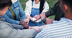 Hands, huddle and solidarity with group of friends for strength, support or unity from above. Circle, chain and trust with people together for community, mission or team building for education