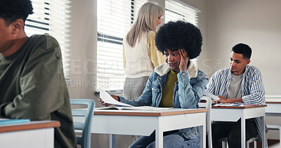 Buy stock photo Girl, student and frustrated for test results in classroom with exam fail, low grade and headache of stress. High school, person and unhappy with bad quiz feedback, scholarship risk and disappointed